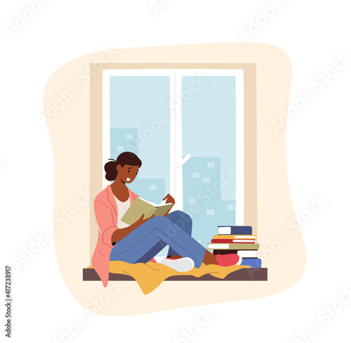 Education, Reading Hobby Concept. Woman Character Sitting on Windowsill Read Book. Student Prepare to Exam
