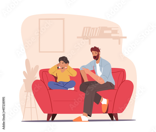 Angry Dad Character Sit on Couch Scold Son Closing Ears with Hands. Offended Stubborn Boy Child Ignore Mad Father Talk