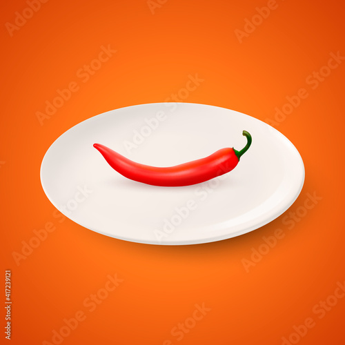 Vector 3d Realistic Red Hot and Spicy Chili Pepper and White Porcelain Ceramic Plate. Design Template, Mexican Food Concept. Front or Top View