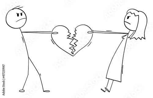 Couple of woman and man fighting for broken heart as symbol of end of love.Vector cartoon stick figure or character illustration.