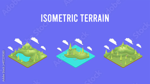 Isometric terrain with topography. Camping, hiking and travel outdoor. Mountains and plains. GPS map navigation. Isometric cartoon colorful vector illustration.
