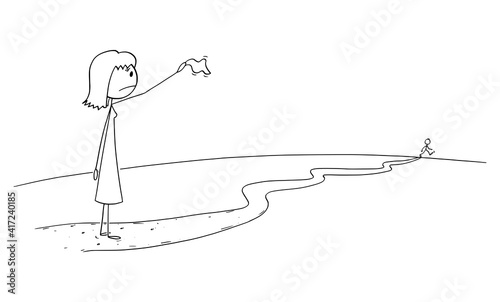 Woman or mother waving with handkerchief saying goodbye to friend or son leaving on the way. Vector cartoon stick figure or character illustration.