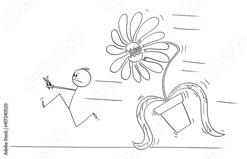 Gardener or man running away in panic, big flower in pot is chasing him. Vector cartoon stick figure or character illustration.