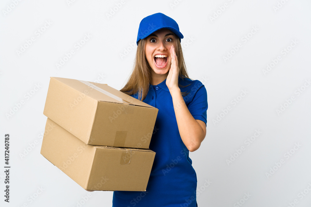 Young delivery woman over isolated white background with surprise and shocked facial expression Young delivery woman over isolated white background with surprise and shocked facial expression