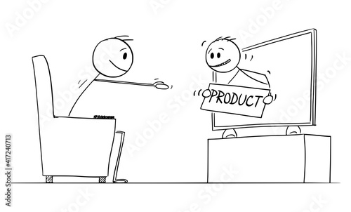 Man from TV commercial advertising product to viewer. Vector cartoon stick figure or character illustration.