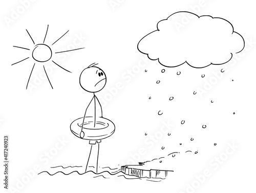 Man on vacation swimming in ocean while winter cold came unexpected. Fast weather or climate change.Vector cartoon stick figure or character illustration.