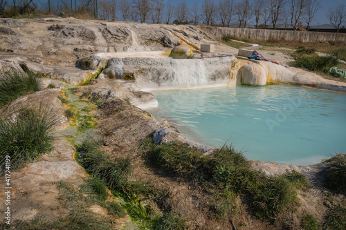 Hot thermal water streams flowing into pools in Carletti, Italy