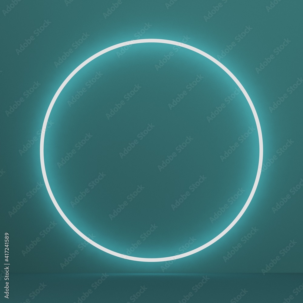 Mock up podium for product presentation circle neon light 3D render illustration on green background Mock up podium for product presentation circle neon light 3D render illustration on green background