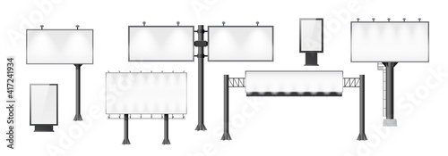 Billboards set. Advertising mockup, signage empty construction for outdoor street advertisements