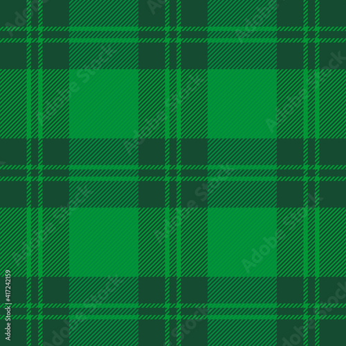 St. Patricks day tartan plaid. Scottish pattern in green and dark green cage. Scottish cage. Traditional Scottish checkered background. Seamless fabric texture. Vector illustration