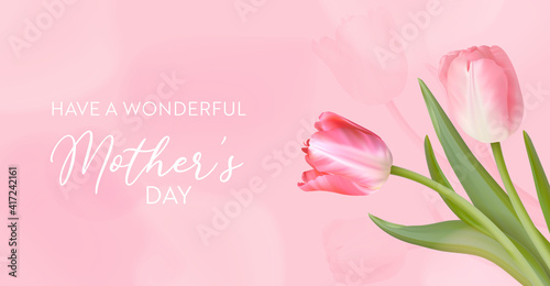 Best mothers day template banner. Vector floral illustration. Spring tulip flowers greeting design