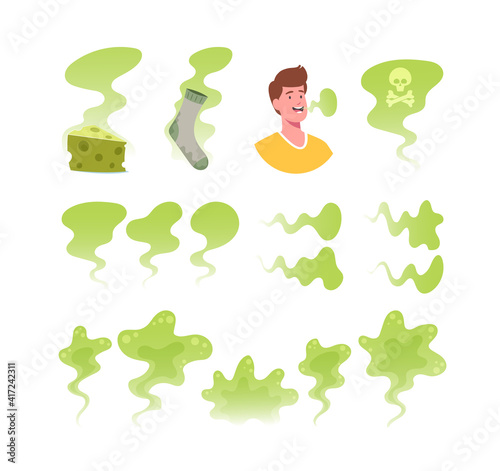 Set of Icons Bad Smell Theme. Green Toxic Clouds, Stinky Sock and Piece of Cheese, Man with Disgusting Breathing Cloud