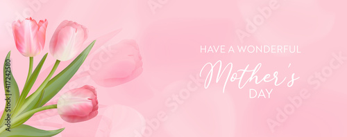 Happy Mothers Day banner. Vector greeting spring background. Realistic tulip flowers design