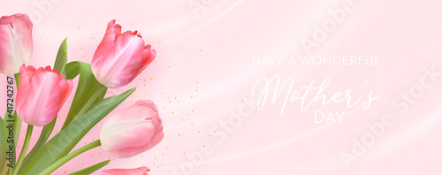 Happy Mothers Day banner. Vector greeting spring background. Realistic tulip flowers design