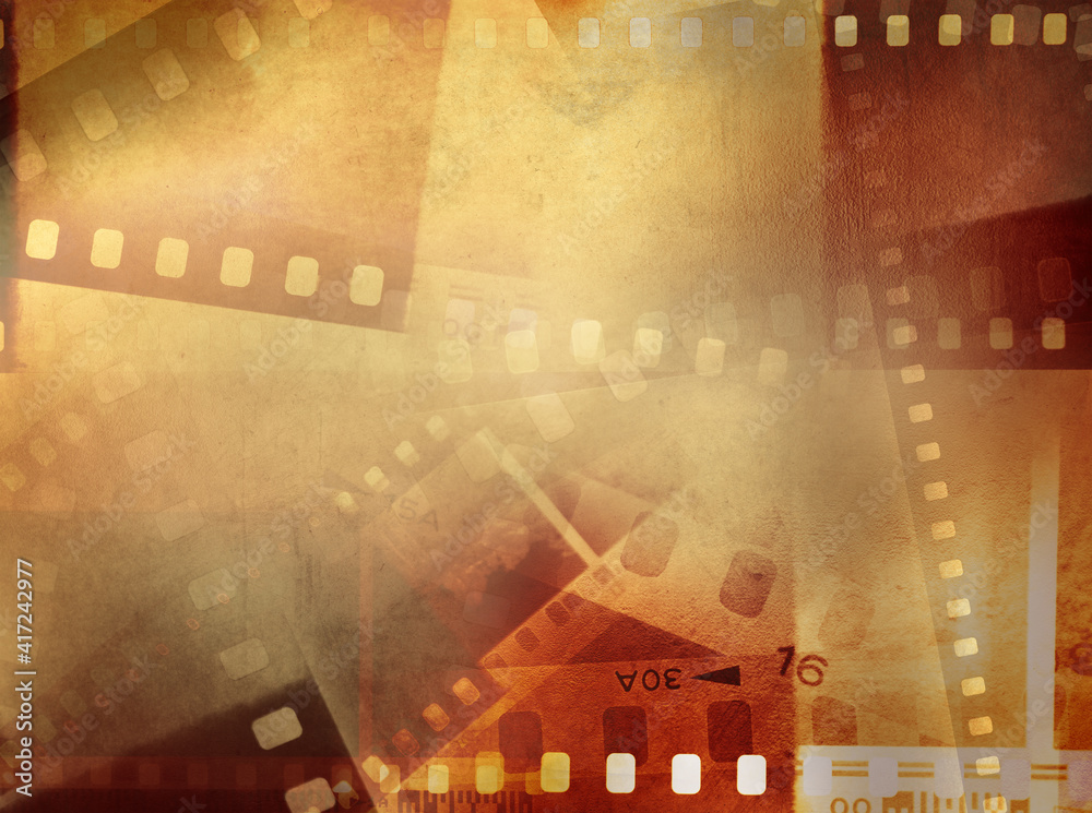 Orange film frames filmstrips overlapping background