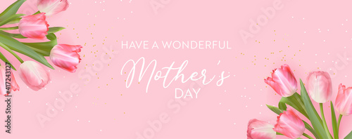 Happy Mothers Day banner. Vector greeting spring background. Realistic tulip flowers design