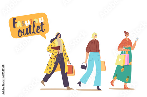 Female Buyers Characters at Seasonal Sale or Discount in Fashion Outlet. Cheerful Shopaholic Girls with Purchases in Bag