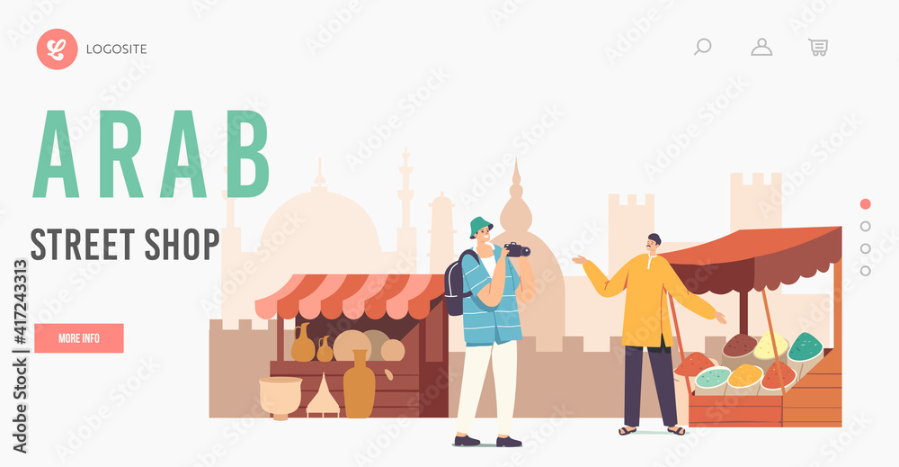 Arab Street Shop Landing Page Template. Tourist Male Character with Camera Making Shots while Visit Muslim Arabic Market