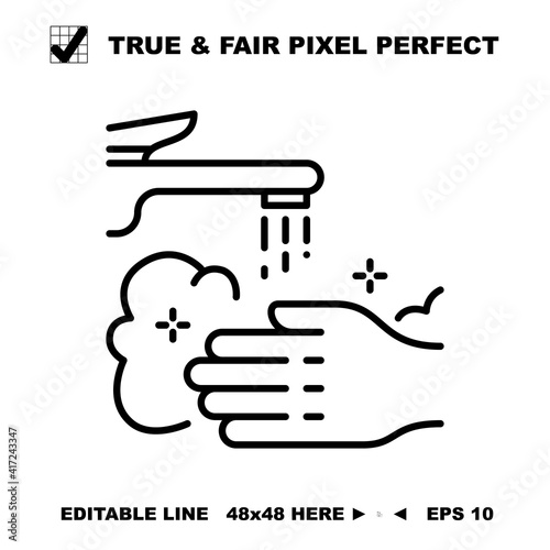 Hand wash icon line vector. True and Fair Pixel Perfect icon 48x48 Scalable, editable stroke. Water handwash. Corona prevention sign. Covid19 coronavirus sanitize from hygiene and care pictogram set
