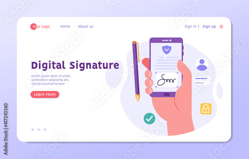 Businessman signing contract with digital pen on phone. Digital signature, business contract, electronic contract, e-signature concept. Vector illustration in flat design for web banner, mobile app
