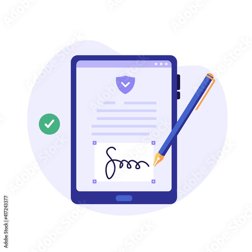 Businessman signing contract with digital pen on phone. Digital signature, business contract, electronic contract, e-signature concept. Vector illustration in flat design for web banner, mobile app