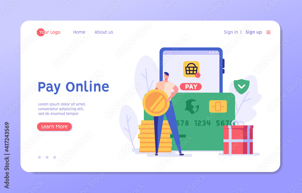 Man pays successfully and safely. Online mobile payment and banking service. Concept of payment approved, payment done, online shopping, money transfer. Vector illustration in flat design