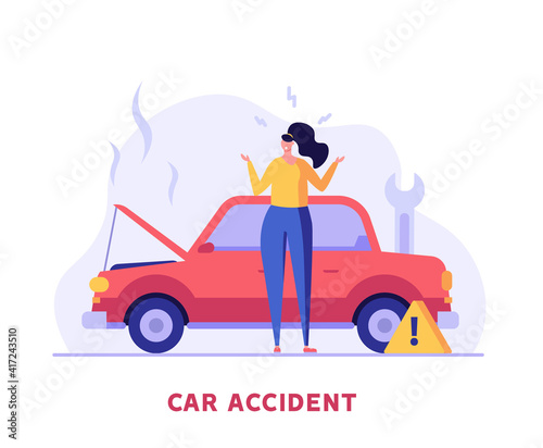 Road accident vector illustration. Woman in panic standing beside broken car without car insurance. Concept of car insurance services, protection property, road accident for web design, ui, banners