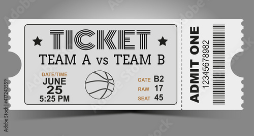 Basketball ticket design template. Card invitation, game team, event and date, location and place sector. vector illustration photo