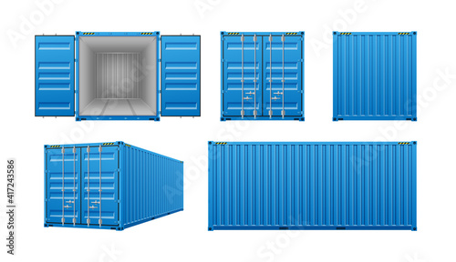 Realistic cargo containers, 3d templates set with different views isolated on white background