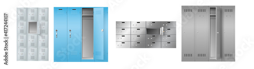 Set of realistic lockers for storage in school, gym, postal or bank, template on white background