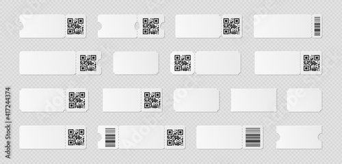 Blank ticket template mockup with barcode. Realistic discount voucher with qr code and ruffled edge. Empty lottery paper, movie, museum admit one. Vector illustration of ribbed ticket design