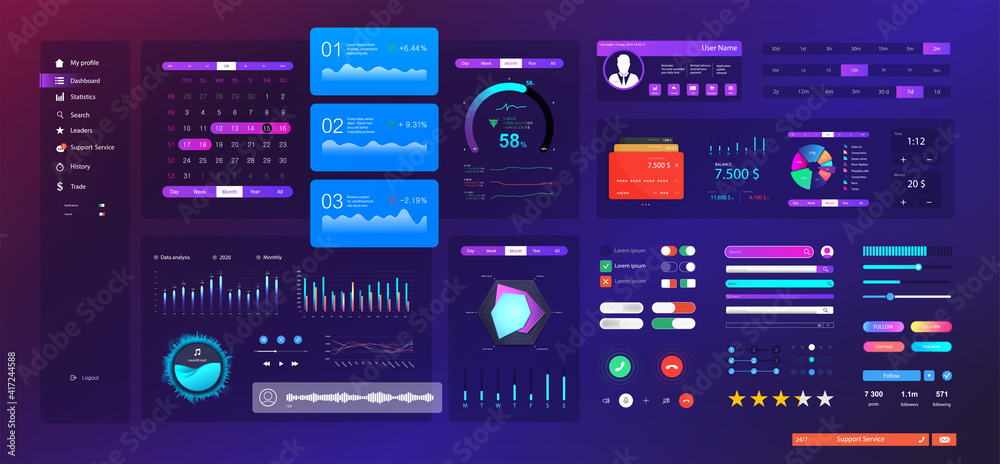 Neon UI / UX / KIT elements set. Universal design interface for Mobile App, web site design and dashboard template. UI, UX and KIT flat elements - search, navigation, buttons, switches, bars. Vector