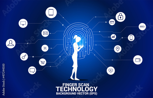 woman with mobile phone and thumbprint icon with functional icon. background concept for finger scan technology and privacy access.