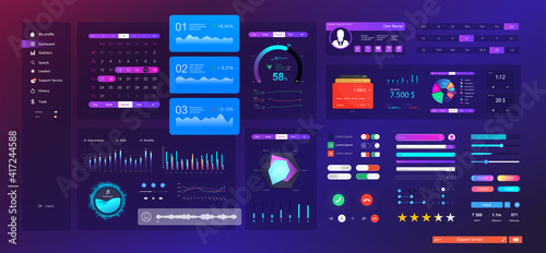 Neon UI / UX / KIT elements set. Universal design interface for Mobile App, web site design and dashboard template. UI, UX and KIT flat elements - search, navigation, buttons, switches, bars. Vector