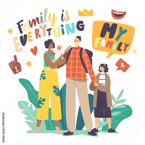 Multicultural and Multiracial Happy Family Characters Caucasian Father, African American Mother and Mixed Children