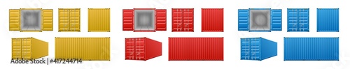 Set of colorful cargo containers in realistic 3d style. Open and closed containers for delivery photo