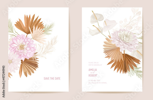 Wedding dried lunaria, dalia, pampas grass floral Save the Date set. Vector exotic dry flower