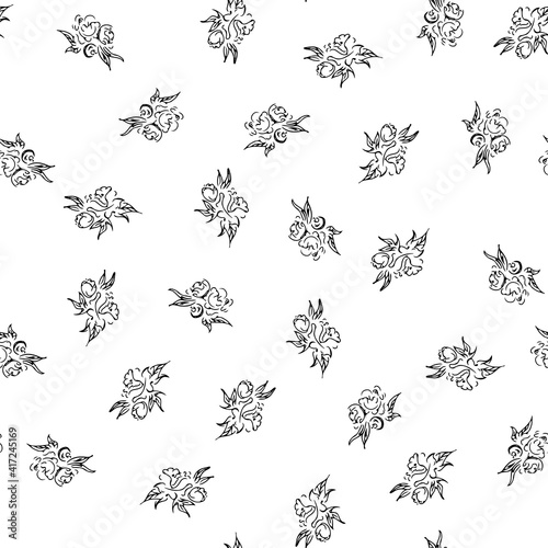 Doodle simple vector seamless pattern of hand-drawn peonies. Seamless random pattern of hand-drawn peonies. Isolated on white background.