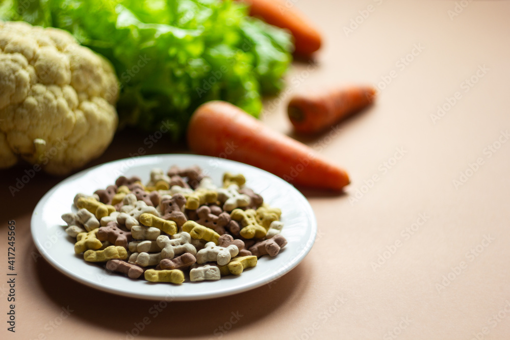Dog dry crunchies in form of bone on white plate and Cauliflower, broccoli, carrots and lettuce close-up. Copy space Dog dry crunchies in form of bone on white plate and Cauliflower, broccoli, carrots and lettuce close-up. Copy space