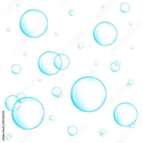 Realistic blue underwater bubbles on white background. Aquarium water stream, soap or cleanser foam. Vector illustration.