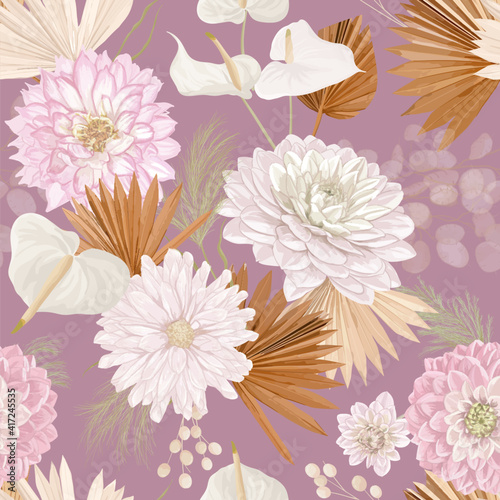 Watercolor dahlia flower, palm leaves, pampas grass, lunaria vector seamless background. Jungle dried flowers