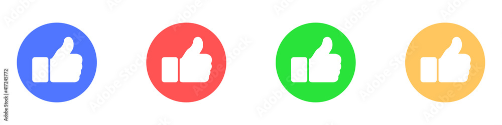 Likes icons set. Vector set of thumbs up. Vector set of likes in flat style. Colored like buttons or fingers pointing up. Icon for web design and interface. Vector illustration. Likes icons set. Vector set of thumbs up. Vector set of likes in flat style. Colored like buttons or fingers pointing up. Icon for web design and interface. Vector illustration.