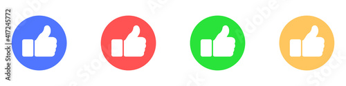 Likes icons set. Vector set of thumbs up. Vector set of likes in flat style. Colored like buttons or fingers pointing up. Icon for web design and interface. Vector illustration.