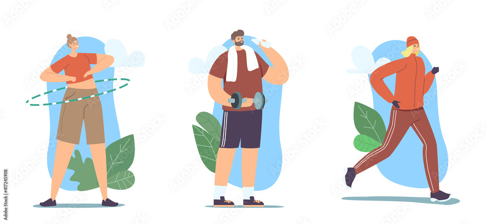 Set of People Doing Sport, Outdoor Training, Exercising, Sport Activity, Characters Sports Workout with Dumbbells, Run Set of People Doing Sport, Outdoor Training, Exercising, Sport Activity, Characters Sports Workout with Dumbbells, Run