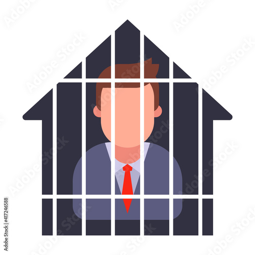 house arrest of a man in a suit. quarantine a person. flat vector illustration.