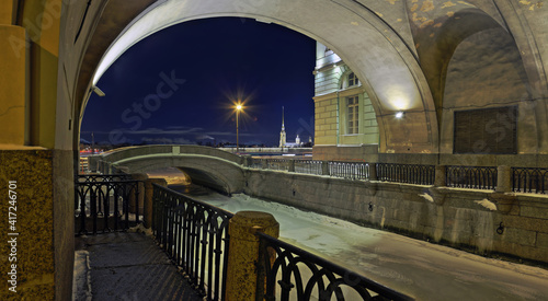 Night Winter Groove, Hermitage Bridge and Peter and Paul Cathedral in St. Petersburg