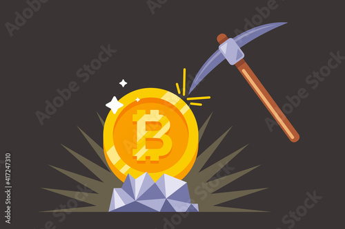 mining bitcoin with a pickaxe in the mine. flat vector illustration.