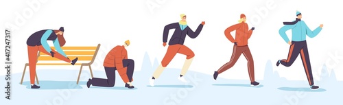 Characters Winter Running. Sport Jogging Competition. Athlete Sprinters Sportsmen and Sportswomen Race at Cold Season