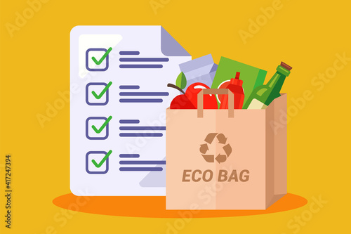 paper bag with groceries. shopping list in the store. flat vector illustration