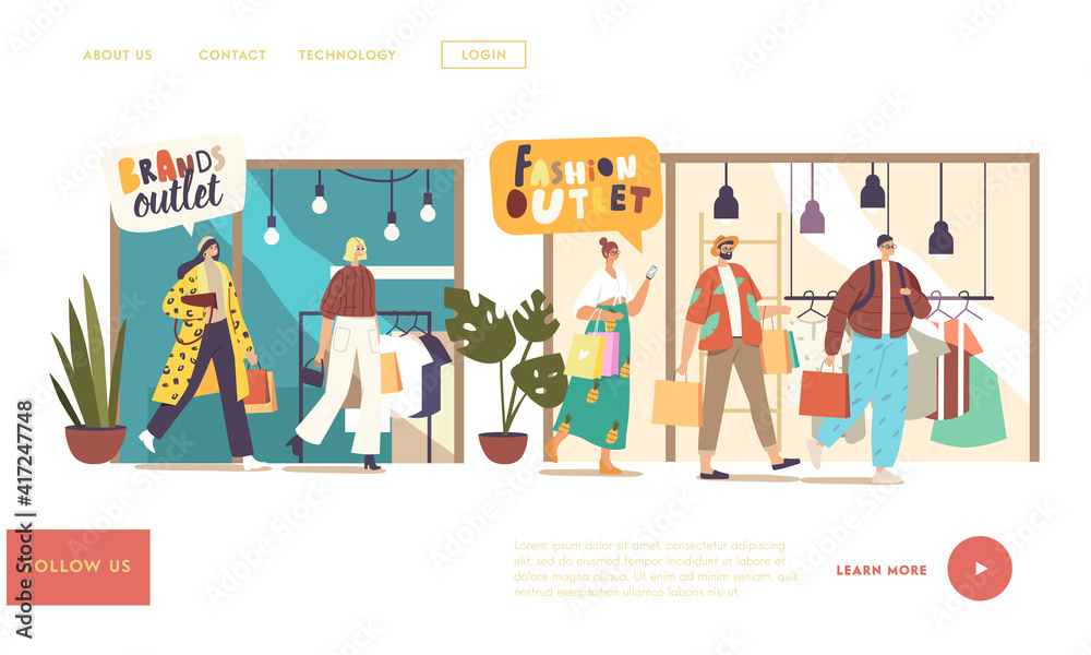 Shopaholic Purchasing Brand Clothes Landing Page Template. Young Characters with Shopping Bags Visit Fashion Outlet